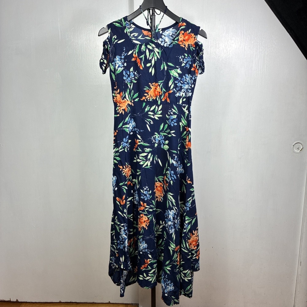 Janasya Wom Dress Navy Blue Floral Size Xs Halter Tassels/Beads Sleeveless Boho